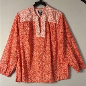 Lands' End Women's Long Sleeve Orange Floral V-Neck Top Tunic 100% Cotton Sz  2X